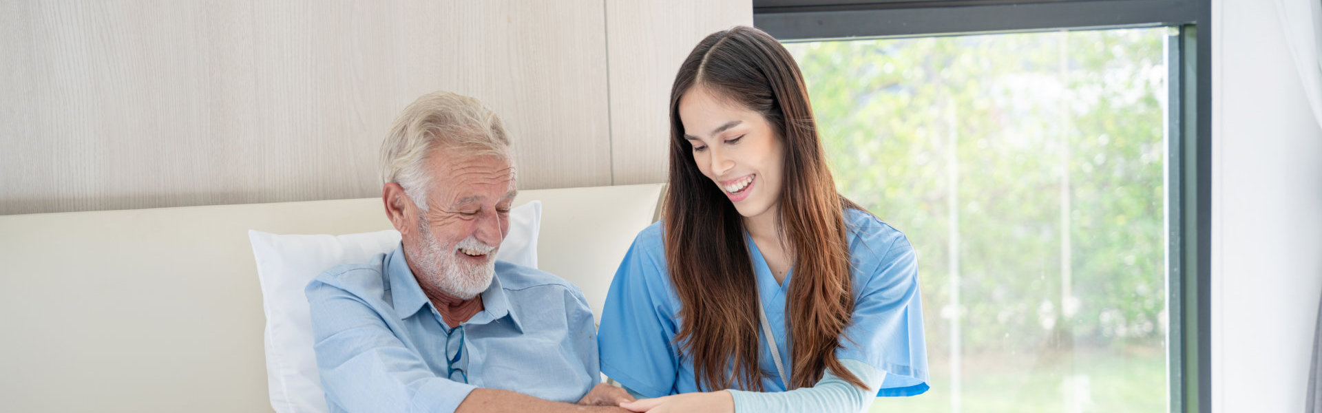Medical staff taking and caregiver senior man in Home